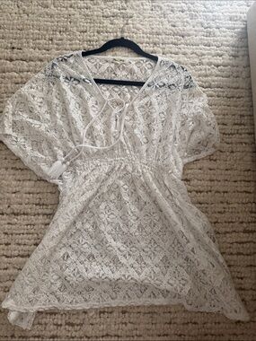 Miken White Lace Swim Coverup with Tie Front